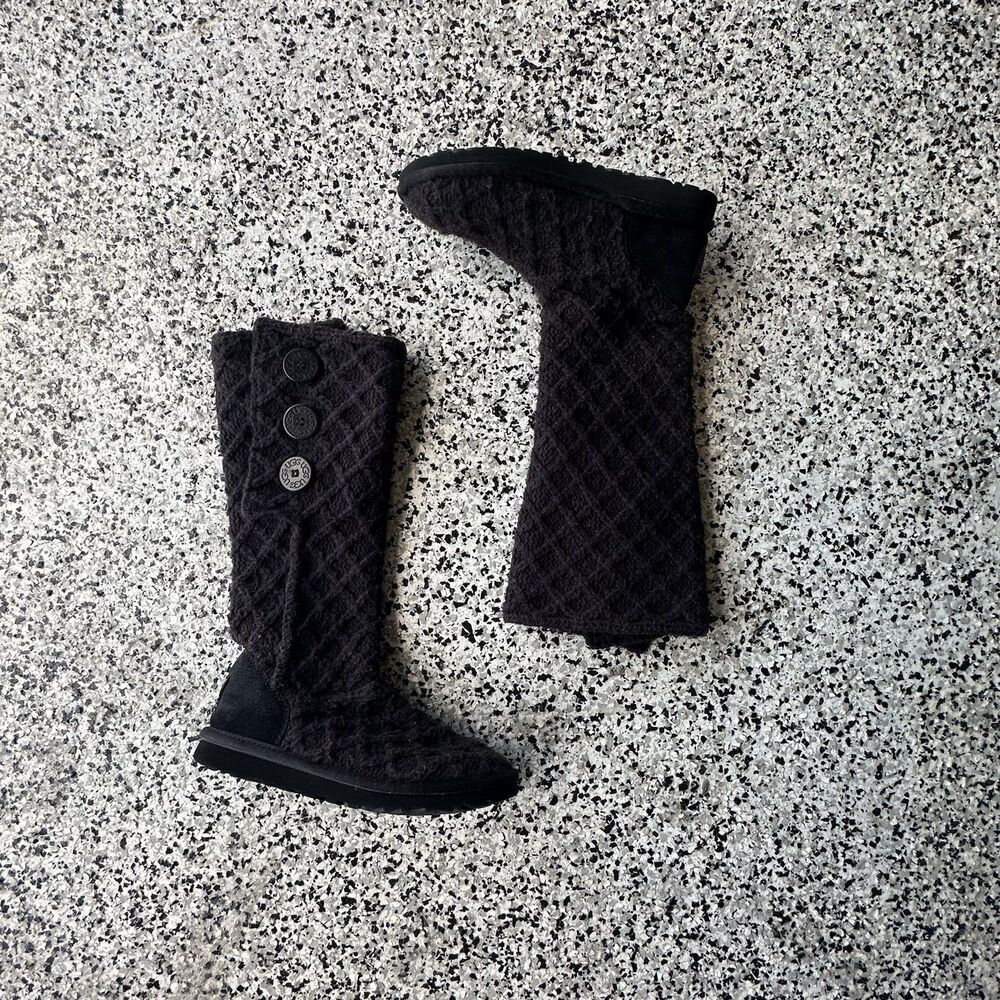 Ugg Boots Lattice Cardy Knit Womens 6 Black Slip On Fold Over Button 3066 Fur